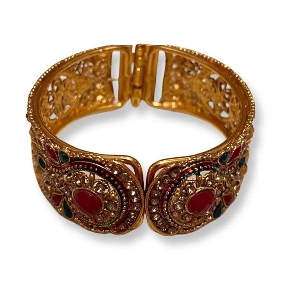 Indian Style Red Green Stone Gold Clamper Bracelet